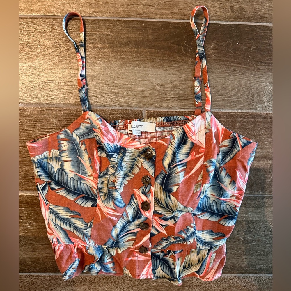 Ann Taylor LOFT Tropical Print Ruffle Trim Crop Top Cami Camisole